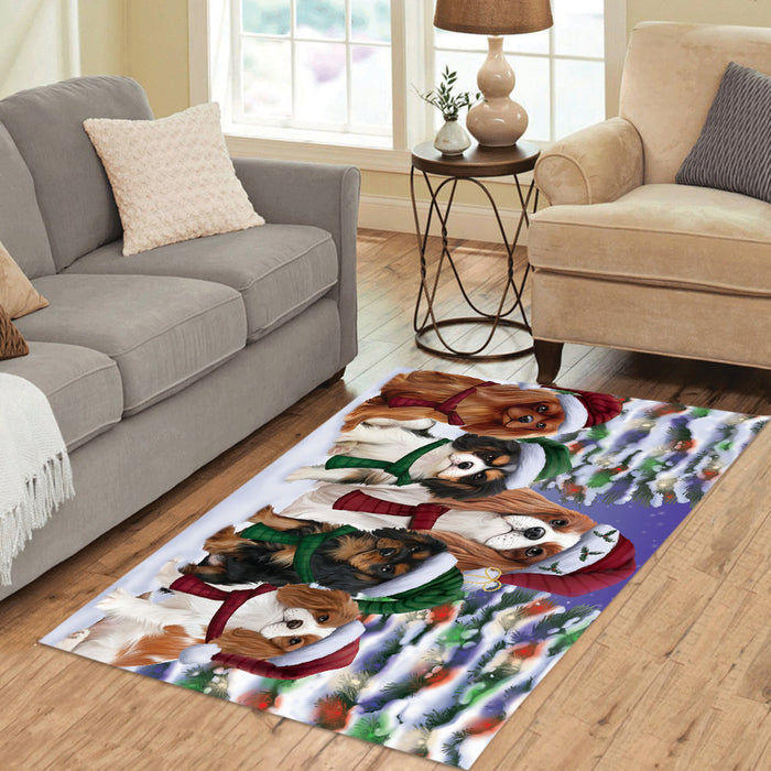 Cavalier King Charles Spaniel Dogs Christmas Family Portrait in Holiday Scenic Background Area Rug