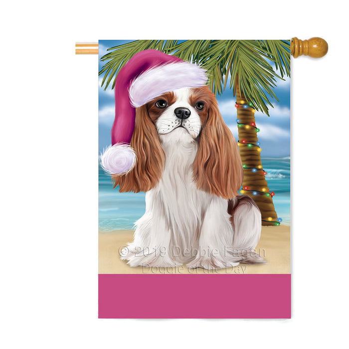 Personalized Summertime Happy Holidays Christmas Cavalier King Charles Spaniel Dog on Tropical Island Beach Custom House Flag FLG-DOTD-A60503