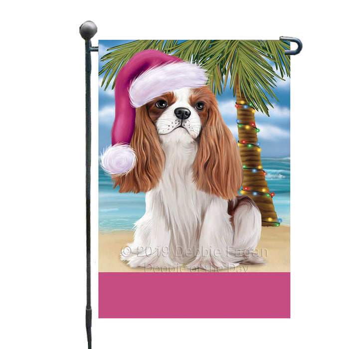 Personalized Summertime Happy Holidays Christmas Cavalier King Charles Spaniel Dog on Tropical Island Beach  Custom Garden Flags GFLG-DOTD-A60447