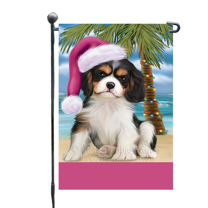 Personalized Summertime Happy Holidays Christmas Cavalier King Charles Spaniel Dog on Tropical Island Beach  Custom Garden Flags GFLG-DOTD-A60448