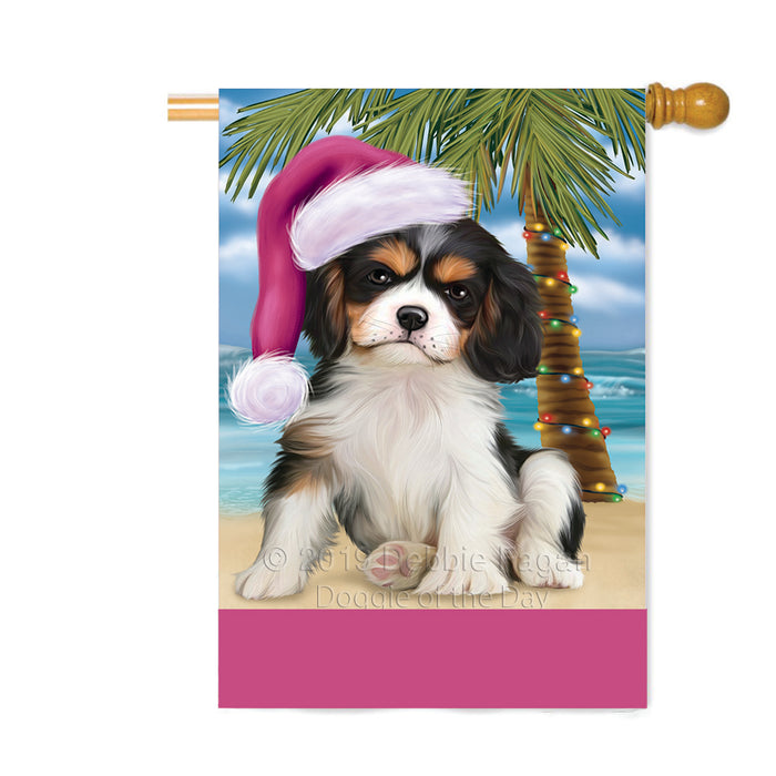 Personalized Summertime Happy Holidays Christmas Cavalier King Charles Spaniel Dog on Tropical Island Beach Custom House Flag FLG-DOTD-A60504