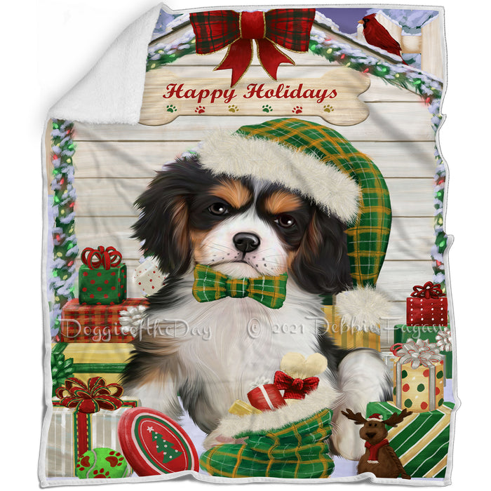 Happy Holidays Christmas Cavalier King Charles Spaniel Dog House with Presents Blanket BLNKT78672