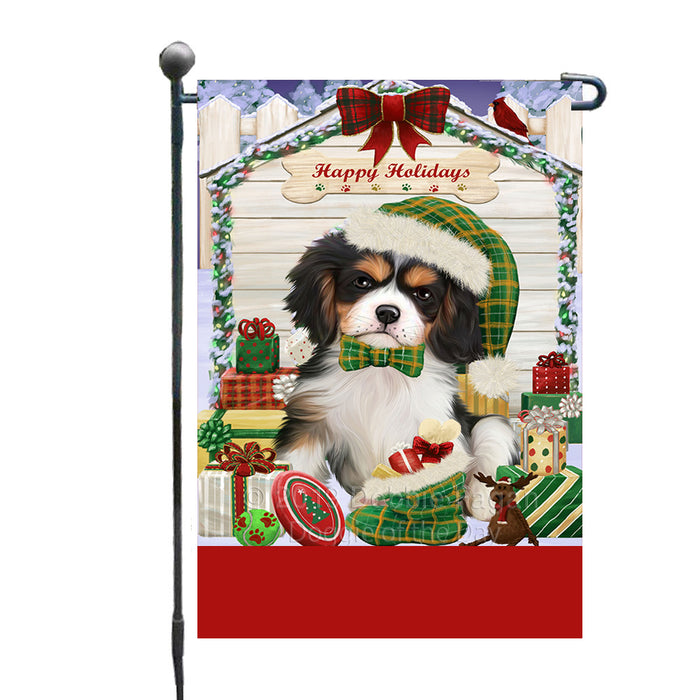 Personalized Happy Holidays Christmas Cavalier King Charles Spaniel Dog House with Presents Custom Garden Flags GFLG-DOTD-A59299