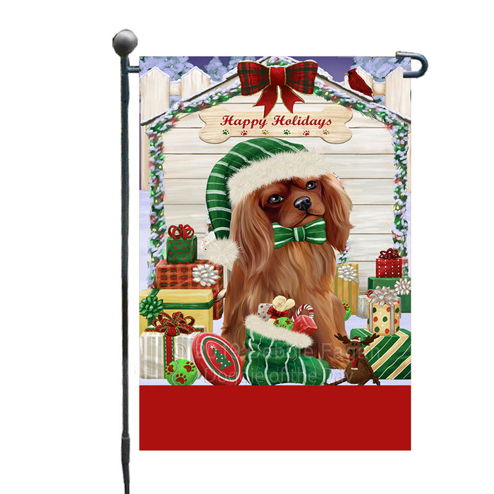 Personalized Happy Holidays Christmas Cavalier King Charles Spaniel Dog House with Presents Custom Garden Flags GFLG-DOTD-A59300
