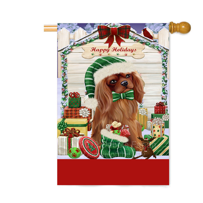 Personalized Happy Holidays Christmas Cavalier King Charles Spaniel Dog House with Presents Custom House Flag FLG-DOTD-A59356