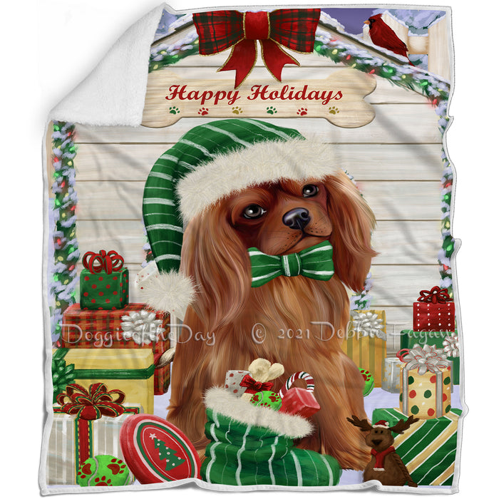 Happy Holidays Christmas Cavalier King Charles Spaniel Dog House with Presents Blanket BLNKT78681