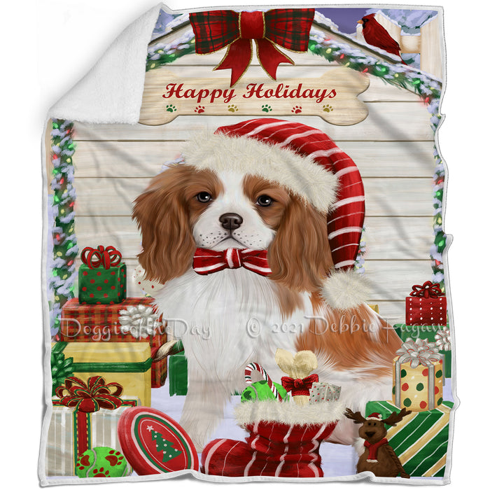 Happy Holidays Christmas Cavalier King Charles Spaniel Dog House with Presents Blanket BLNKT78699