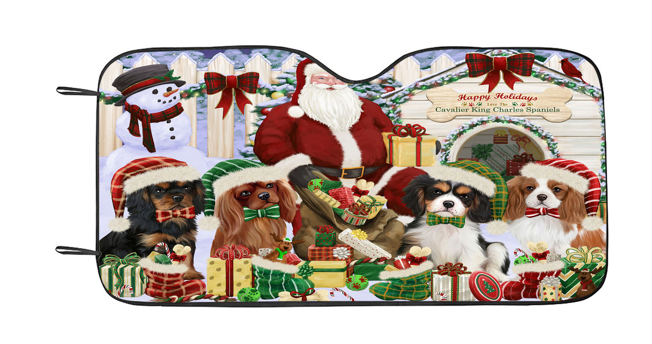 Happy Holidays Christmas Cavalier King Charles Spaniel Dogs House Gathering Car Sun Shade