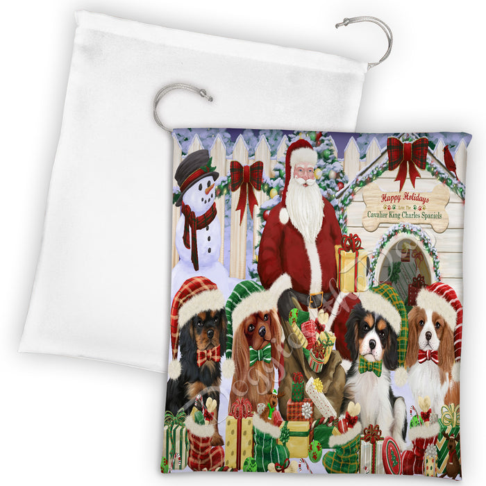 Happy Holidays Christmas Cavalier King Charles Spaniel Dogs House Gathering Drawstring Laundry or Gift Bag LGB48033