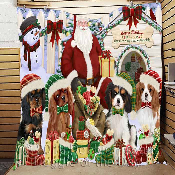 Happy Holidays Christmas Cavalier King Charles Spaniel Dogs House Gathering Quilt