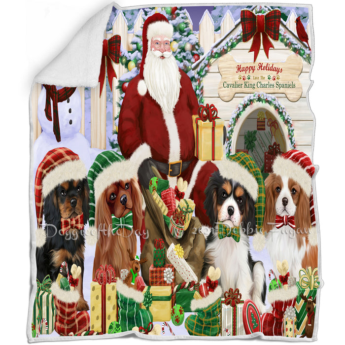 Happy Holidays Christmas Cavalier King Charles Spaniels Dog House Gathering Blanket BLNKT78537