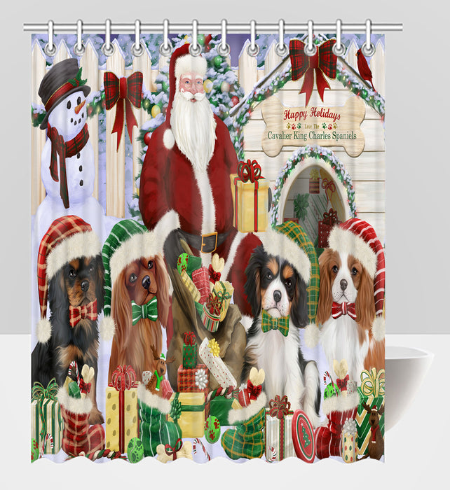 Happy Holidays Christmas Cavalier King Charles Spaniel Dogs House Gathering Shower Curtain