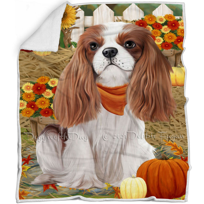 Fall Autumn Greeting Cavalier King Charles Spaniel Dog with Pumpkins Blanket BLNKT72543