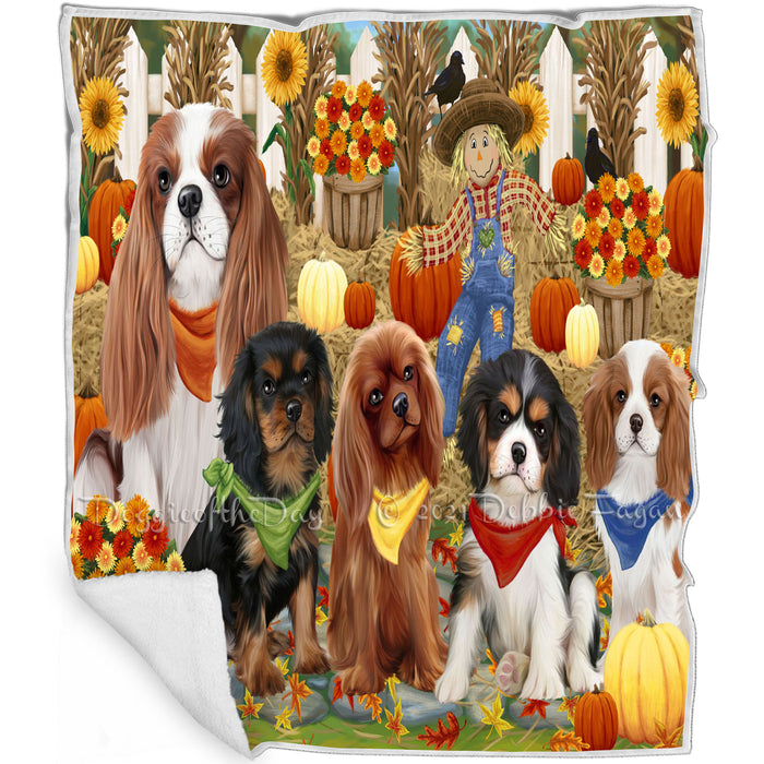 Fall Festive Gathering Cavalier King Charles Spaniels Dog with Pumpkins Blanket BLNKT71796