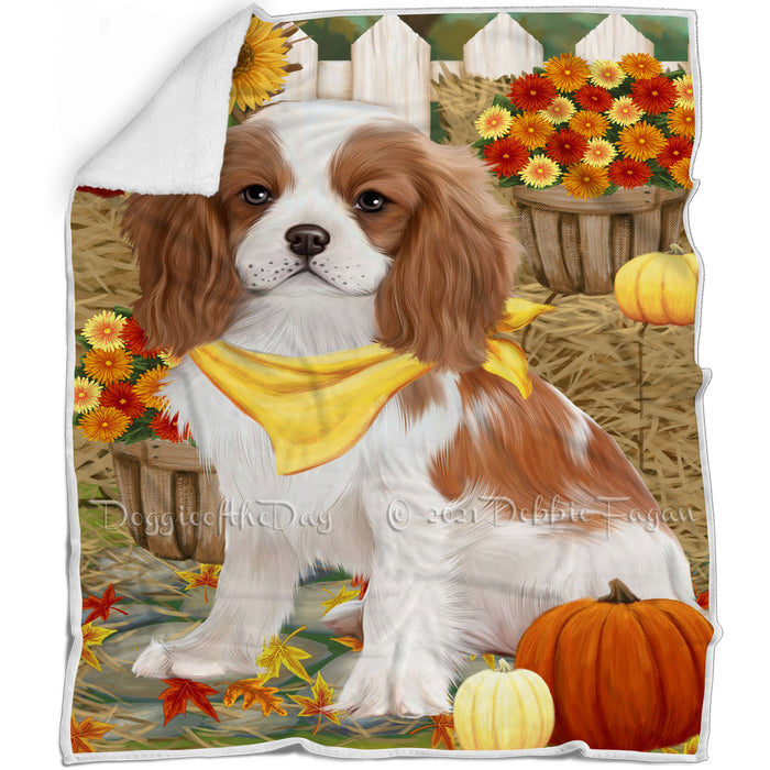 Fall Autumn Greeting Cavalier King Charles Spaniel Dog with Pumpkins Blanket BLNKT72552
