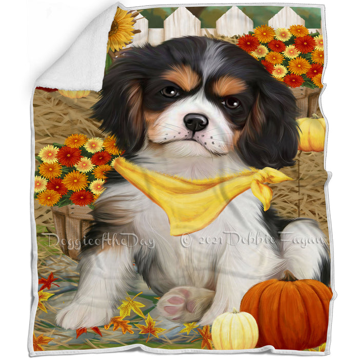 Fall Autumn Greeting Cavalier King Charles Spaniel Dog with Pumpkins Blanket BLNKT72561