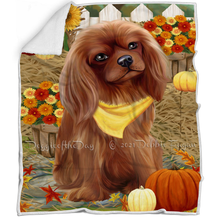 Fall Autumn Greeting Cavalier King Charles Spaniel Dog with Pumpkins Blanket BLNKT72570