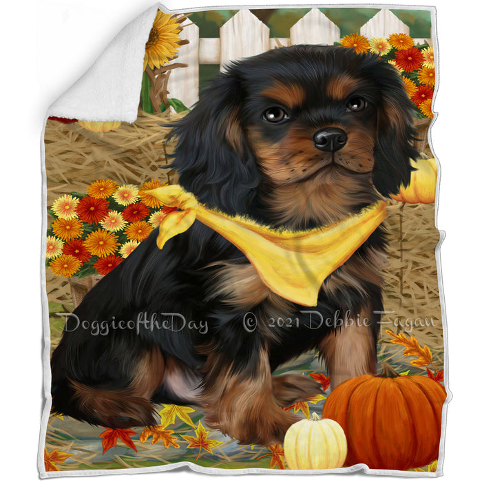 Fall Autumn Greeting Cavalier King Charles Spaniel Dog with Pumpkins Blanket BLNKT72579