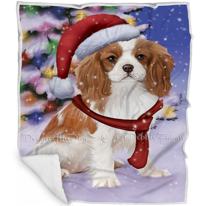 Winterland Wonderland Cavalier King Charles Spaniel Puppy Dog In Christmas Holiday Scenic Background Blanket