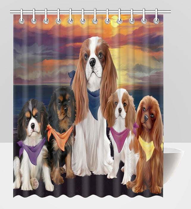 Family Sunset Portrait Cavalier King Charles Spaniel Dogs Shower Curtain