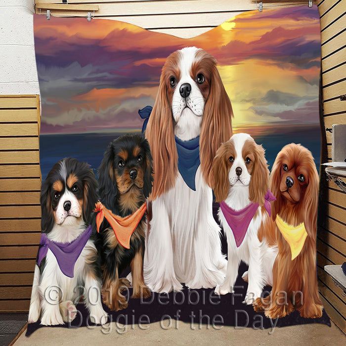 Family Sunset Portrait Cavalier King Charles Spaniel Dogs Quilt