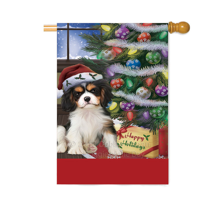Personalized Christmas Happy Holidays Cavalier King Charles Spaniel Dog with Tree and Presents Custom House Flag FLG-DOTD-A58668