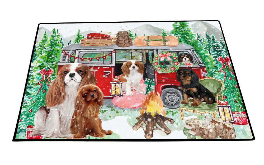 Christmas Time Camping with Cavalier King Charles Spaniel Dogs Floor Mat- Anti-Slip Pet Door Mat Indoor Outdoor Front Rug Mats for Home Outside Entrance Pets Portrait Unique Rug Washable Premium Quality Mat