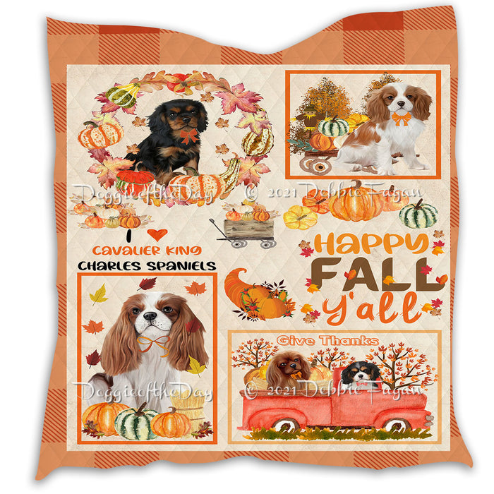 Happy Fall Y'all Pumpkin Cavalier King Charles Spaniel Dogs Quilt Bed Coverlet Bedspread - Pets Comforter Unique One-side Animal Printing - Soft Lightweight Durable Washable Polyester Quilt