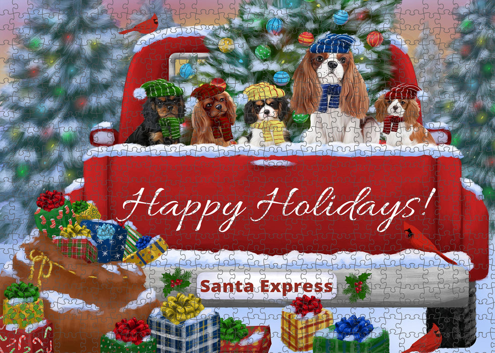 Christmas Red Truck Travlin Home for the Holidays Cavalier King Charles Spaniel Dogs Portrait Jigsaw Puzzle for Adults Animal Interlocking Puzzle Game Unique Gift for Dog Lover's with Metal Tin Box