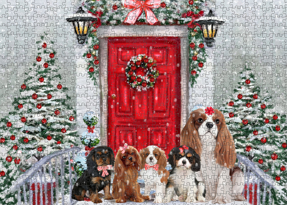 Christmas Holiday Welcome Cavalier King Charles Spaniel Dogs Portrait Jigsaw Puzzle for Adults Animal Interlocking Puzzle Game Unique Gift for Dog Lover's with Metal Tin Box