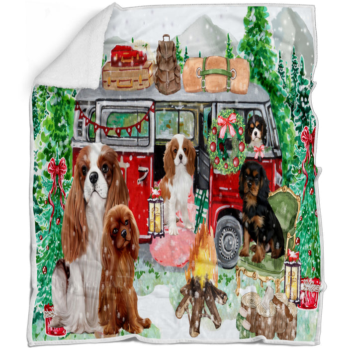 Christmas Time Camping with Cavalier King Charles Spaniel Dogs Blanket - Lightweight Soft Cozy and Durable Bed Blanket - Animal Theme Fuzzy Blanket for Sofa Couch