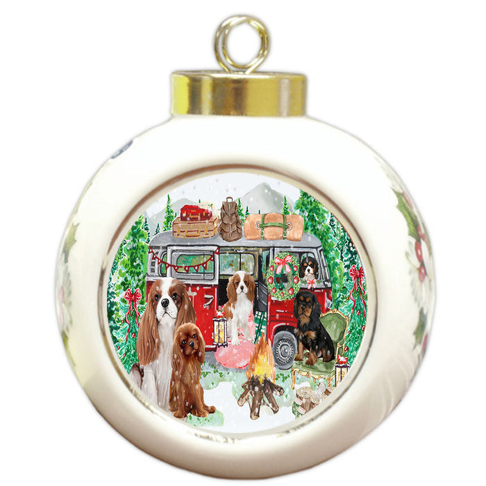 Christmas Time Camping with Cavalier King Charles Spaniel Dogs Round Ball Christmas Ornament Pet Decorative Hanging Ornaments for Christmas X-mas Tree Decorations - 3" Round Ceramic Ornament