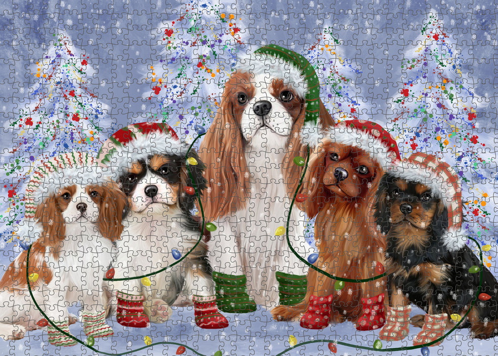 Christmas Lights and Cavalier King Charles Spaniel Dogs Portrait Jigsaw Puzzle for Adults Animal Interlocking Puzzle Game Unique Gift for Dog Lover's with Metal Tin Box
