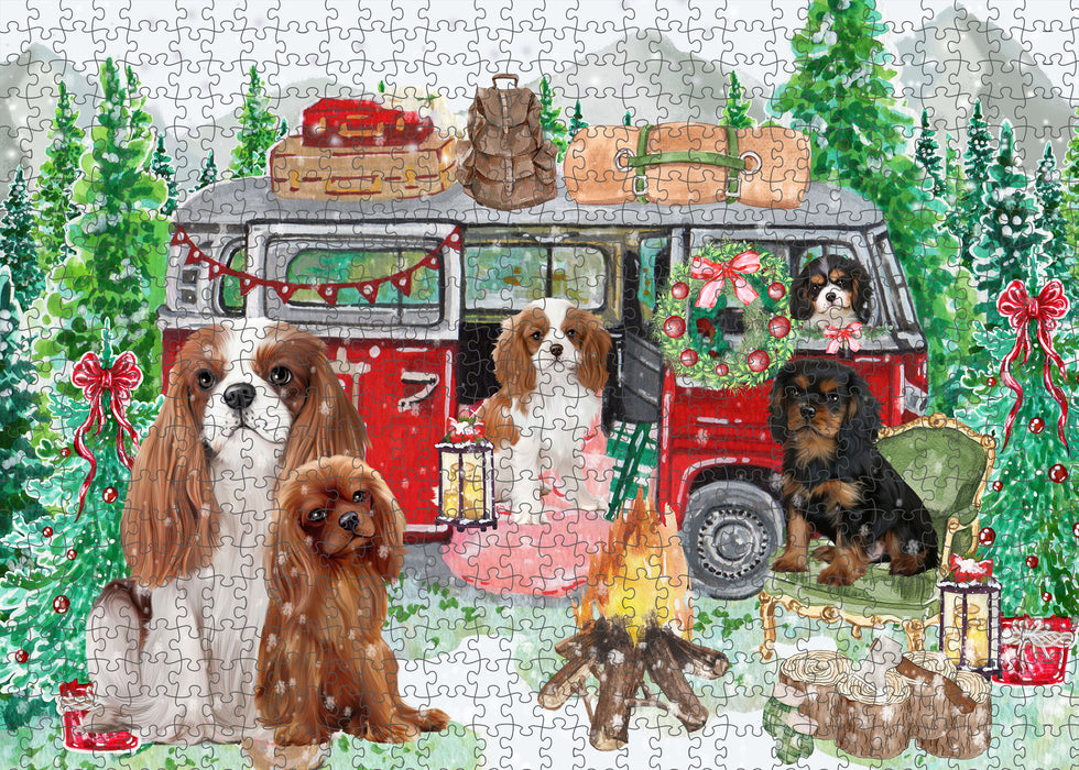 Christmas Time Camping with Cavalier King Charles Spaniel Dogs Portrait Jigsaw Puzzle for Adults Animal Interlocking Puzzle Game Unique Gift for Dog Lover's with Metal Tin Box