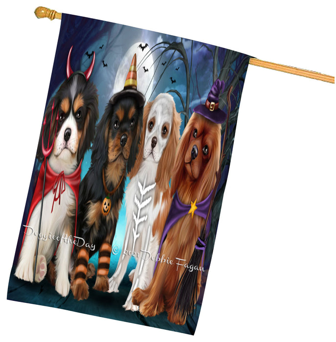 Halloween Trick or Treat Cavalier King Charles Spaniel Dogs House Flag Outdoor Decorative Double Sided Pet Portrait Weather Resistant Premium Quality Animal Printed Home Decorative Flags 100% Polyester