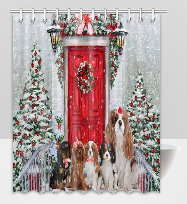Christmas Holiday Welcome Cavalier King Charles Spaniel Dogs Shower Curtain Pet Painting Bathtub Curtain Waterproof Polyester One-Side Printing Decor Bath Tub Curtain for Bathroom with Hooks