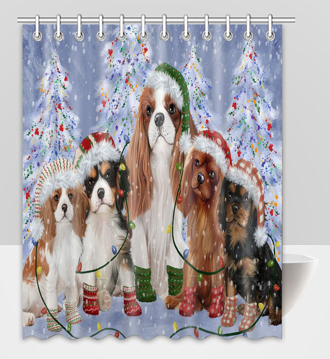 Christmas Lights and Cavalier King Charles Spaniel Dogs Shower Curtain Pet Painting Bathtub Curtain Waterproof Polyester One-Side Printing Decor Bath Tub Curtain for Bathroom with Hooks