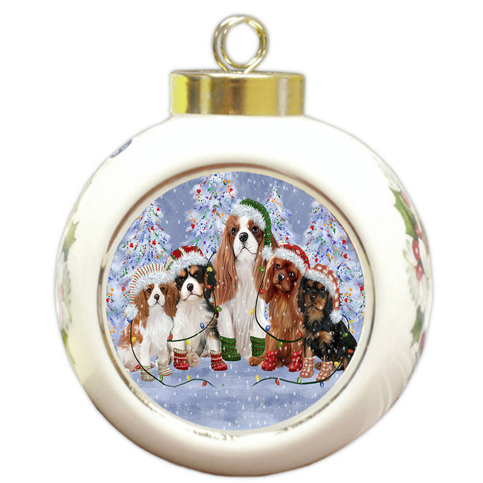 Christmas Lights and Cavalier King Charles Spaniel Dogs Round Ball Christmas Ornament Pet Decorative Hanging Ornaments for Christmas X-mas Tree Decorations - 3" Round Ceramic Ornament