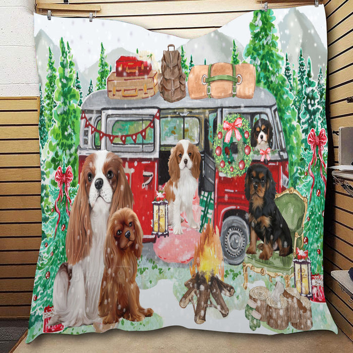 Christmas Time Camping with Cavalier King Charles Spaniel Dogs  Quilt Bed Coverlet Bedspread - Pets Comforter Unique One-side Animal Printing - Soft Lightweight Durable Washable Polyester Quilt
