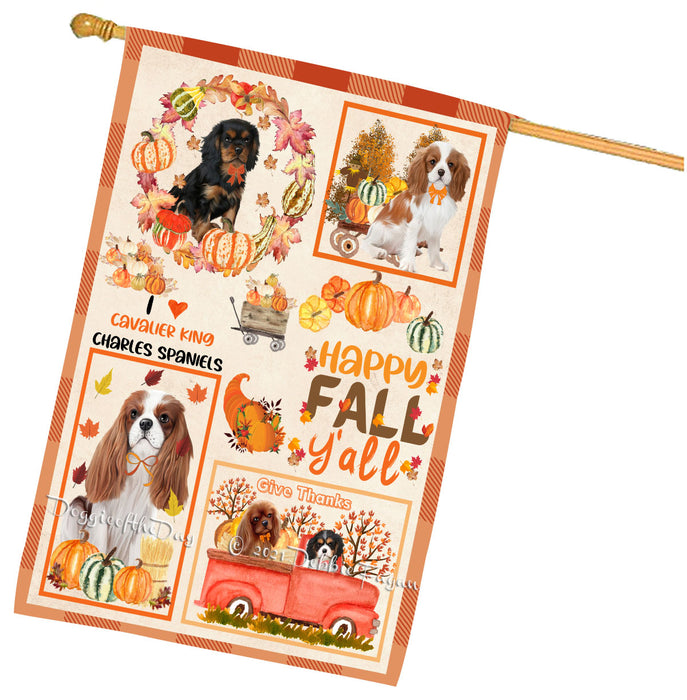 Happy Fall Y'all Pumpkin Cavalier King Charles Spaniel Dogs House Flag Outdoor Decorative Double Sided Pet Portrait Weather Resistant Premium Quality Animal Printed Home Decorative Flags 100% Polyester