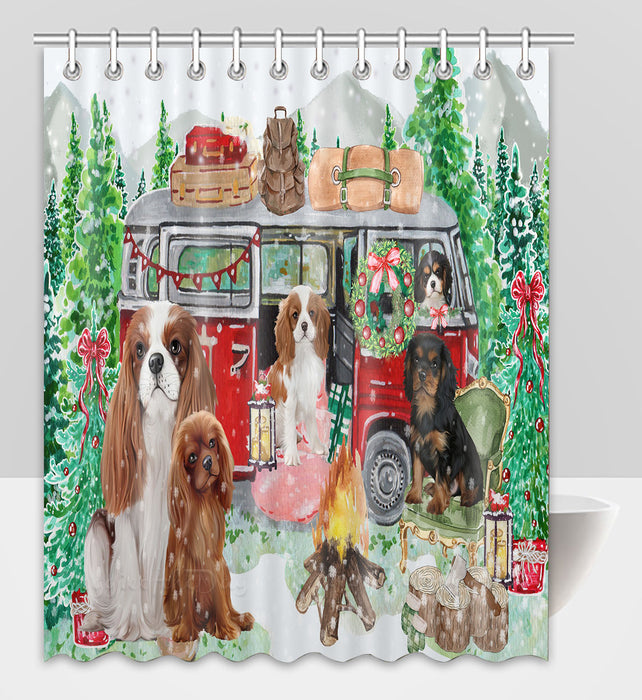Christmas Time Camping with Cavalier King Charles Spaniel Dogs Shower Curtain Pet Painting Bathtub Curtain Waterproof Polyester One-Side Printing Decor Bath Tub Curtain for Bathroom with Hooks