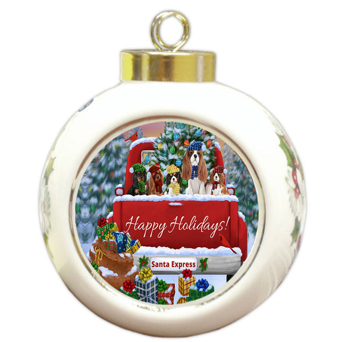 Christmas Red Truck Travlin Home for the Holidays Cavalier King Charles Spaniel Dogs Round Ball Christmas Ornament Pet Decorative Hanging Ornaments for Christmas X-mas Tree Decorations - 3" Round Ceramic Ornament