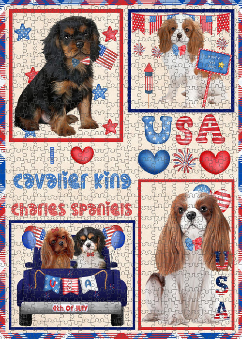 4th of July Independence Day I Love USA Cavalier King Charles Spaniel Dogs Portrait Jigsaw Puzzle for Adults Animal Interlocking Puzzle Game Unique Gift for Dog Lover's with Metal Tin Box