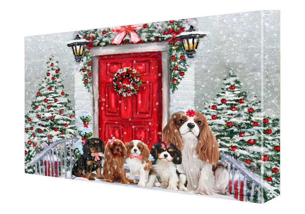 Christmas Holiday Welcome Cavalier King Charles Spaniel Dogs Canvas Wall Art - Premium Quality Ready to Hang Room Decor Wall Art Canvas - Unique Animal Printed Digital Painting for Decoration