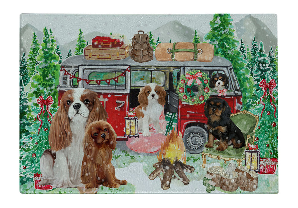 Christmas Time Camping with Cavalier King Charles Spaniel Dogs Cutting Board - For Kitchen - Scratch & Stain Resistant - Designed To Stay In Place - Easy To Clean By Hand - Perfect for Chopping Meats, Vegetables