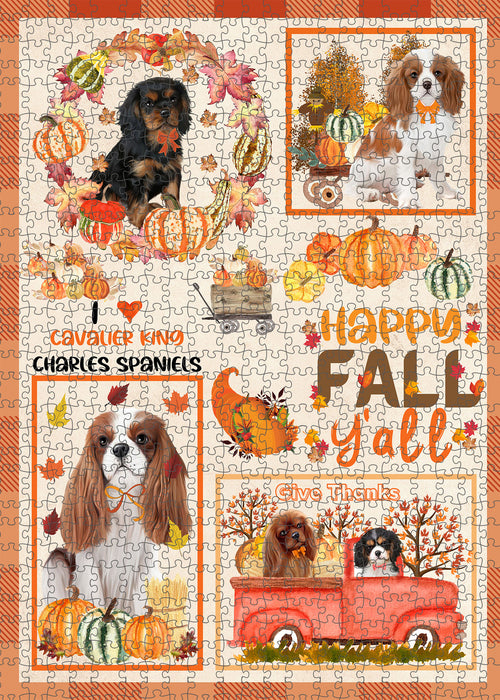 Happy Fall Y'all Pumpkin Cavalier King Charles Spaniel Dogs Portrait Jigsaw Puzzle for Adults Animal Interlocking Puzzle Game Unique Gift for Dog Lover's with Metal Tin Box