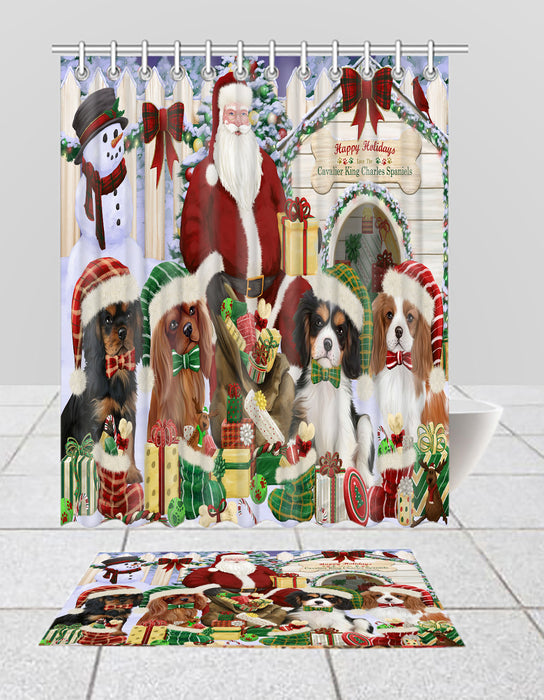 Happy Holidays Christmas Cavalier King Charles Spaniel Dogs House Gathering Bath Mat and Shower Curtain Combo