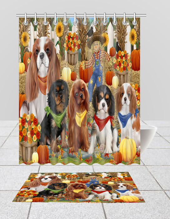 Fall Festive Harvest Time Gathering Cavalier King Charles Spaniel Dogs Bath Mat and Shower Curtain Combo