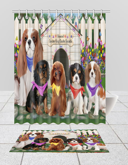 Spring Dog House Cavalier King Charles Spaniel Dogs Bath Mat and Shower Curtain Combo