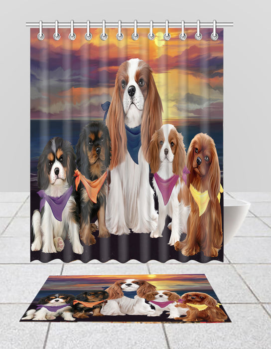 Family Sunset Portrait Cavalier King Charles Spaniel Dogs Bath Mat and Shower Curtain Combo